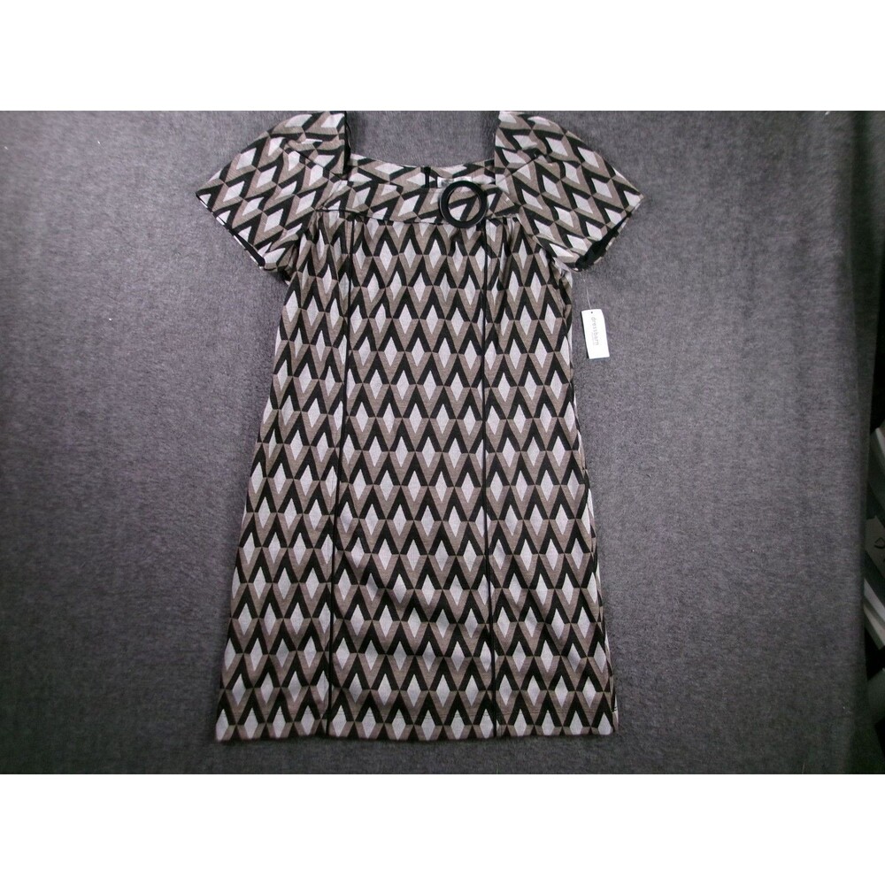 Dressbarn Dress Womens 16 Geometric Print Short Sleeve Aline Ring Belt Brown